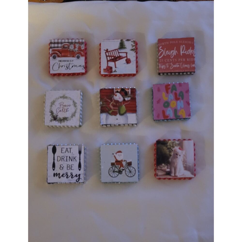 Lot Of 9 Christmas Wooden MAGNETS Santa Snowman Cat Sleigh Kitchen Xmas Gift